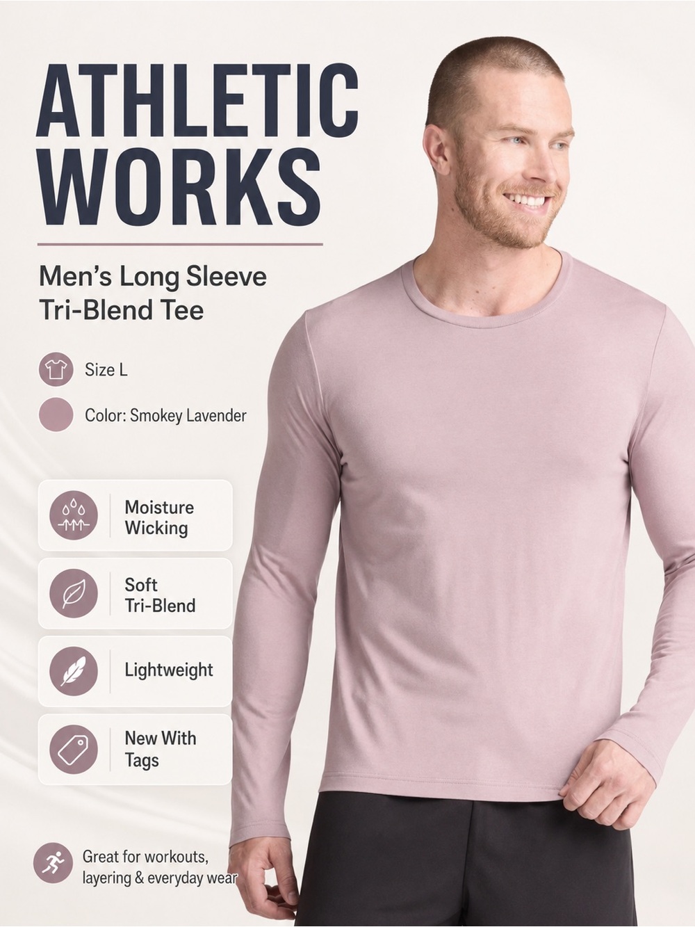 Athletic Works Men’s Long Sleeve Moisture Wicking Tri-Blend Tee L Lavender New - Picture 2 of 12